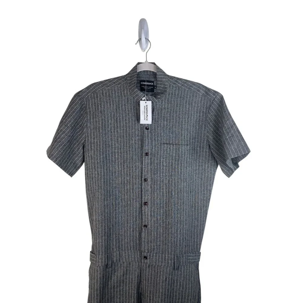 Romperjack Mens Striped Short Sleeve Romper Gray Button Front With Pockets M